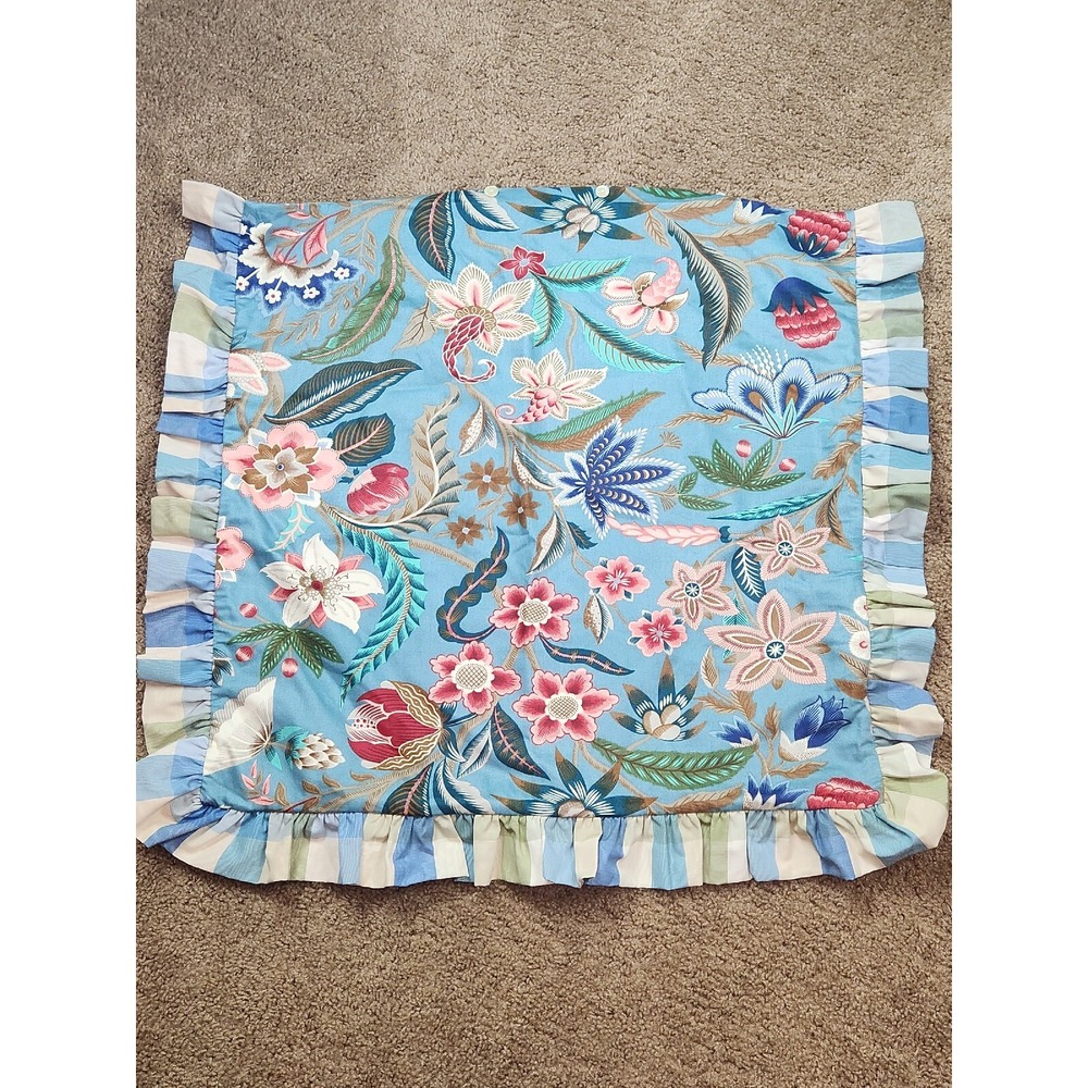 Flora‎ Euro Sham Floral Plaid Reversible Ruffle Blue Pink Green Made in USA 1250